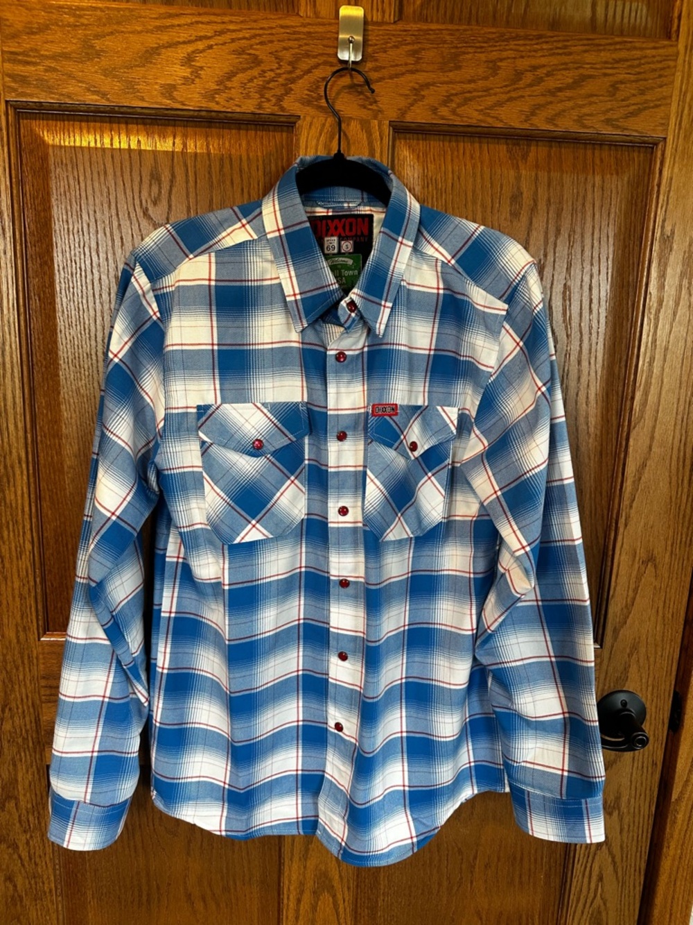 DIXXON Men's Blue, White and Red Plaid Long-Sleeve Button-Down Shirt